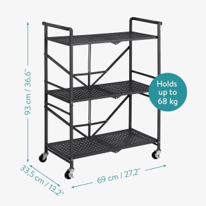 Raft metalic pliabil Navaris, 3 nivele, 33.5x69x93 cm, cu roti si frana, 150 kg, negru, otel/metal - Img 2
