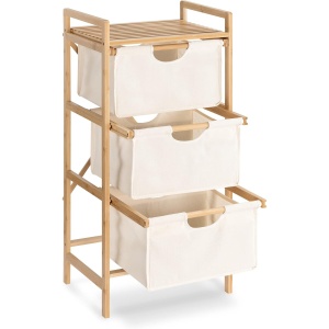 Raft pentru baie Navaris, 96 x 44 x 33 cm, organizator cu 3 sertare din material textil, cadru din bambus si raft superior, Bej - Img 2