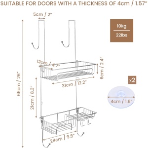 Raft pentru dus Belle Vous, 31 x 12 x 66 cm, cu 2 cosuri, 2 ventuze, Agatatoare pentru prosoape, Montare fara gaurire, Otel inoxidabil, Argintiu - Img 6