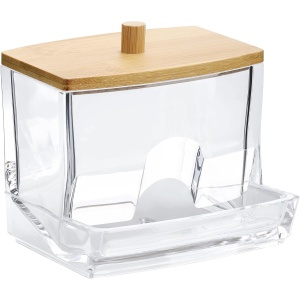 Recipient pentru betisoare de urechi Navaris, cu capac din bambus, transparent/maro, 9.3x8.7x5.3cm