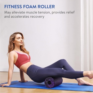 Rola cilindru pentru masaj, Everest Fitness, din spuma EPP, pentru yoga, pilates, fitness, relaxare musculara, 30 x 15 cm, genta depozitare, ghid exercitii, Negru/Mov - Img 2