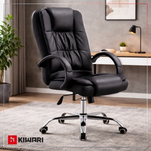 Scaun Birou Kiwari® Lio, Spatar Inalt, Sezut din Piele PU, Reglabil pe Inaltime, Baza Metal Rotativa, Design Executiv Confort Extra, Capacitate 120 kg, Negru - Img 2