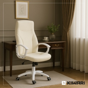 Scaun birou Kiwari® Mom, spatar inalt, cadru alb, brate fixe, sezut cu spuma si tesatura, mecanism fluture, baza nylon, roti PU, Alb - Img 2