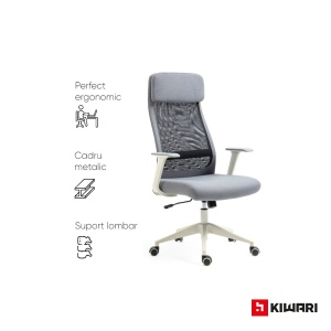 Scaun birou Kiwari Han, spatar inalt, cadru metalic, suprafata din tesatura si plasa, suport lombar fix, brate fixe, mecanism fluture, baza nylon, roti PU, Gri/Negru - Img 4