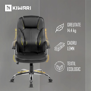 Scaun de birou ergonomic Kiwari® Ako, spatar inalt, mecanism inclinabil cu reglaj pe gaz, brate ergonomice fixe din PP, baza cromata, roti nylon silentioase / rotatie 360°, tapiterie PU+PVC, suporta 136 kg, Negru - Img 3