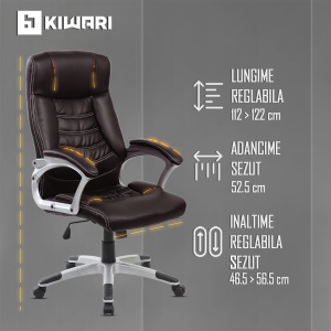Scaun de birou ergonomic Kiwari® Eliot, spatar inalt, mecanism inclinabil cu reglaj pe gaz, rotatie 360°, brate late PP ergonomice, baza cromata stabila, roti nylon silentioase, tapiterie PU+PVC neteda, suporta 136 kg, Maro inchis - Img 4