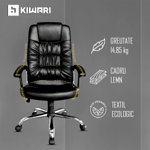 Scaun de birou ergonomic Kiwari® Nobu, spatar inalt, mecanism inclinabil cu reglaj pe gaz, rotatie 360°, brate fixe PP rezistente, baza cromata stabila, roti nylon silentioase, tapiterie PU+PVC neteda si usor de curatat, suporta 136 kg, Ne - Img 4