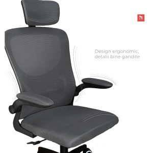 Scaun ergonomic de birou Kiwari® Cloud, tetiera reglabila, spatar din plasa, mecanism butterfly, gri - Img 6