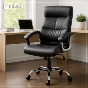 Scaun ergonomic Kiwari® Rei, spatar inalt, mecanism inclinabil cu piston pe gaz, ajustabil pe inaltime, rotatie 360°, brate fixe ergonomice PP, baza cromata, roti nylon silentioase, tapiterie PU+PVC, suporta 130 kg, Negru - Img 2