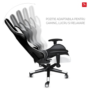 Scaun gaming Kiwari® Vector, spatar rabatabil 180°, brate 2D, perne lombara si cervicala, piele PU, negru/alb - Img 3
