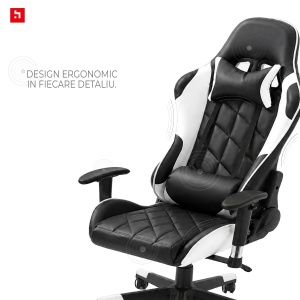 Scaun gaming Kiwari® Vector, spatar rabatabil 180°, brate 2D, perne lombara si cervicala, piele PU, negru/alb - Img 6
