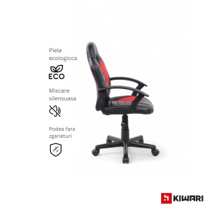 Scaun gaming Kiwari Min, material PU+PVC, cadru lemn, baza nylon, mecanism reglabil, brate fixe, roti silentioase, inaltime ajustabila, Negru - Img 3