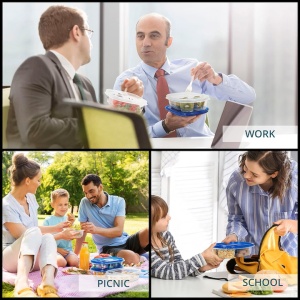 Set 10 caserole alimentare, FRESHLY CONTAINED, 3 compartimente, 780 ml, din plastic, fara BPA, capace etanse, reutilizabile, lavabile in masina de spalat vase, potrivite pentru cuptorul cu microunde si congelator, Albastru/Transparent - Img 4