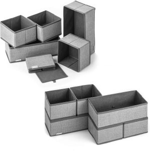Set 12 cutii pentru organizare si depozitare Navaris, dimensiuni diferite, pliabile, din material textil, Gri