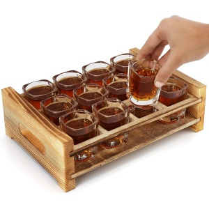 Set 12 pahare de shot Belle Vous, cu tava din lemn ars, 60 ml, suport cu manere, pentru servire bauturi, Transparent/Maro - Img 7