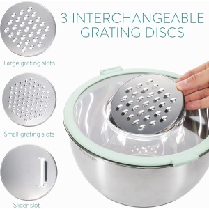 Set 2 boluri metalice multifunctionale cu capac Navaris, 20 cm si 24 cm, 3 razatori, Antiderapant, Inox, argintiu/verde - Img 6