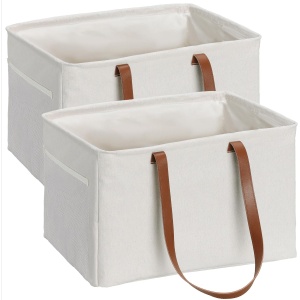 Set 2 cosuri de rufe pliabile Navaris, portabile, cu manere, 43.2 x 31 x 28 cm, pentru depozitare haine, jucarii, textile, Bej