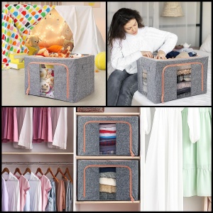 Set 2 cutii organizatoare dulap Belle Vous, 66 l, pliabile, cadru metalic, 50 x 40 x 33 cm, din material textil, fereastra transparenta si fermoar, Gri - Img 7