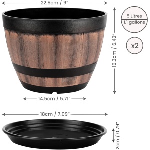 Set 2 ghivece pentru flori Belle Vous, 22.5 x 16.3 cm, 5L, Cu tava suport, Interior/Exterior, Plastic, Maro/Negru - Img 7