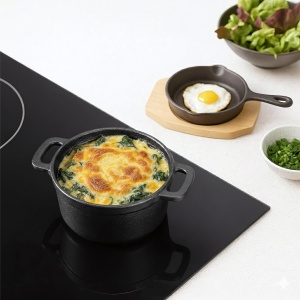 Set 2 mini oale din fonta Navaris, 14 cm, cu capac, suport din lemn, compatibile inductie/cuptor/gratar, rezistente la temperaturi ridicate, Negru - Img 6