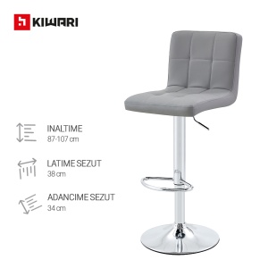 Set 2 Scaune Bar/Bucatarie Kiwari® Lior, Inaltime 59-79 cm, Sezut PU, Spuma si Baza Rotativa Crom, Design Modern Bucatarie/Dining, Capacitate 120 kg, Gri - Img 3