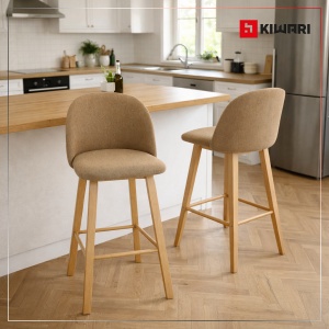 Set 2 scaune Bar/Bucatarie Kiwari® Tan, Inaltime 75 cm, Sezut Tapitat cu Material Textil, Picioare Metalice Aspect Lemn, Design Modern Bucatarie/Dining, Capacitate 120 kg, Maro - Img 6