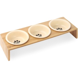Set 3 Boluri pentru hrana si apa cu suport de lemn Navaris, 350 ml, 46946.2