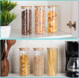 Set 3 borcane depozitare Belle Vous, din sticla borosilicata, cu capac din bambus etans, ideale pentru alimente, condimente, zahar, cafea, 950 ml, 8.5 x 20.5 cm, Transparent - Img 2