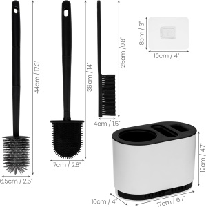 Set 3 perii WC Belle Vous, cu suport si tava colectare apa, 17 x 10 x 12 cm, 2 perii din silicon + 1 perie curatare, montare perete sau podea, Alb/Negru - Img 6