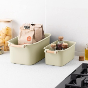 Set 4 cutii organizare Navaris, plastic, maner lemn, 2 marimi, cutii depozitare pentru baie, bucatarie, dulap, Crem - Img 5
