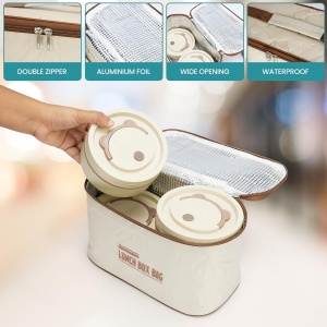 Set 4 cutii pentru pranz Belle Vous, 350-550 ml, tacamuri, geanta termica pentru transport, 25 x 13 x 15 cm, Otel, Crem - Img 5