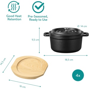 Set 4 mini oale din fonta Navaris, 14 cm, cu capac, suport din lemn, compatibile inductie/cuptor/gratar, rezistente la temperaturi ridicate, Negru - Img 6