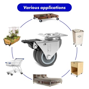 Set 4 roti duble pivotante GBL, 50 mm, pivotante 360°, sarcina maxima de incarcare 200kg, sistem de franare, poliuretan, Gri - Img 4