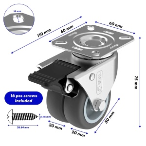 Set 4 roti duble pivotante GBL, 50 mm, pivotante 360°, sarcina maxima de incarcare 200kg, sistem de franare, poliuretan, Gri - Img 5