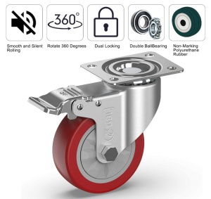 Set 4 roti universale GBL, pentru transport, 100mm, pivotante 360°, sarcina maxima de incarcare 600 Kg, cu 2 frane, poliuretan, Rosu - Img 3