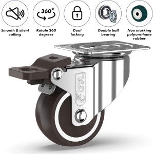 Set 4 roti universale GBL pentru transport, 50 mm, pivotante 360°, cu 4 frane, sarcina 200 kg, poliuretan, Argintiu/Negru - Img 6