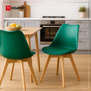 Set 4 Scaune Living/Bucatarie/Bar Kiwari® Riv, Sezut PP cu Pernuta PU, Picioare Lemn Fag, Inaltime Sezut 48 cm, Design Modern, Capacitate 120 kg, Verde - Img 5