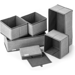 Set 6 cutii de organizare Navaris, gri, pliabile, dimensiuni diferite 14x14x10cm, 28x14x10cm