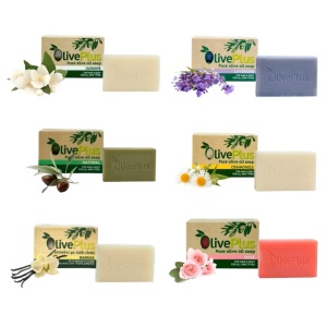 Set 6 Sapunuri OlivePlus, cu ulei de masline natural si aroma de vanilie, trandafir, iasomie, lavanda, musetel, 6x100 g