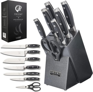Set 8 piese Cutite pentru bucatarie, Orient, Origin Series, Suport design Granit, foarfeca, Premium, Otel Inoxidabil German X50 Ultra+, Negru