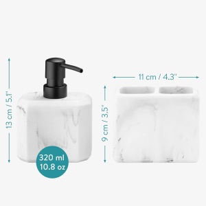 Set accesorii de baie Navaris, 3 piese, dispenser sapun lichid 320 ml, suport periute dinti si sapuniera, design marmura, elegant, Alb - Img 4