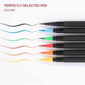 Set carioci profesionale, Intrend, pentru pictura, caligrafie, cerneala pe baza de apa, 6 carioci cu varf flexibil, 1 pensula cu rezervor pentru apa, Multicolor - Img 2