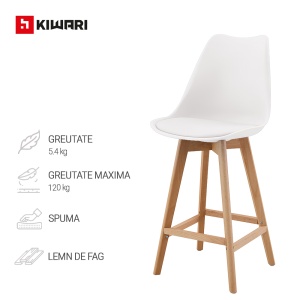 Set de 2 Scaune de Bar/Bucatarie Kiwari® Sama, Sezut PP, Picioare Lemn Fag, Design Modern Bucatarie/Dining, Inaltime 68 cm, Capacitate 120 kg, Alb - Img 5