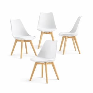 Set de 4 Scaune Kiwari® Kit, Sezut cu Pernuta PU, Picioare Lemn Fag, Design Modern Dining/Living, Inaltime Sezut 48 cm, Capacitate 120 kg, Alb