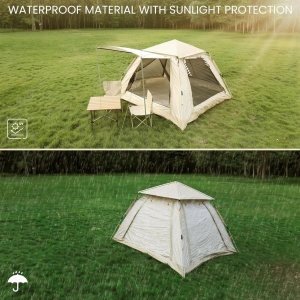 Set de camping Belle Vous, cort pentru 3-4 persoane, 195 x 195 x 135 cm, masa si 2 scaune pliabile, 4 piese, impermeabil, ideal pentru drumetii/pescuit, usor de montat, Maro - Img 2