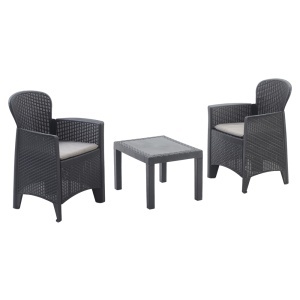 Set gradina/terasa, Progarden, AKITA, 3 piese, polipropilena, antracit, 2 scaune 59x57x85.5 cm, masa 59x46x40 cm, cu perne incluse