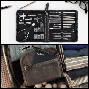 Set manichiura si pedichiura Kovira, 19 piese din inox, trusa ingrijire unghii si fata, geanta depozitare piele ecologica, 16 x 2.6 x 14.2 cm, Negru - Img 3