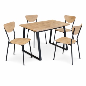 Set Masa cu 4 Scaune Kiwari® Oka, MDF si Metal, 110×70×75 cm, scaun 44x45x82 cm Design Modern, Stejar Natural & Negru