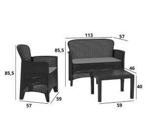 Set mobilier gradina/terasa, Progarden, JUNGLE, 4 piese, polipropilena, canapea 2 locuri 113x57x57.5 cm, 2 scaune 59x57x85.5 cm, masa 59x46x40 cm, cu perne incluse - Img 6