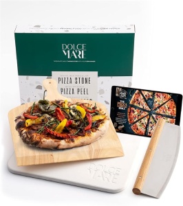 Set Piatra copt, lopata lemn si cutit pizza, DOLCE MARE, 38 cm x 30 cm x 1, 5 cm, Alb